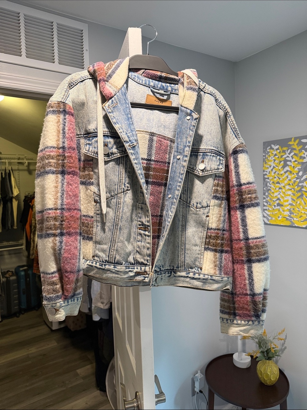 Blank NYC Hooded Plaid Patchwork Denim Jacket - Pink, Cream & Brown